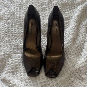 Anne Klein Dark Brown Croc-Embossed Peep Toe Heels